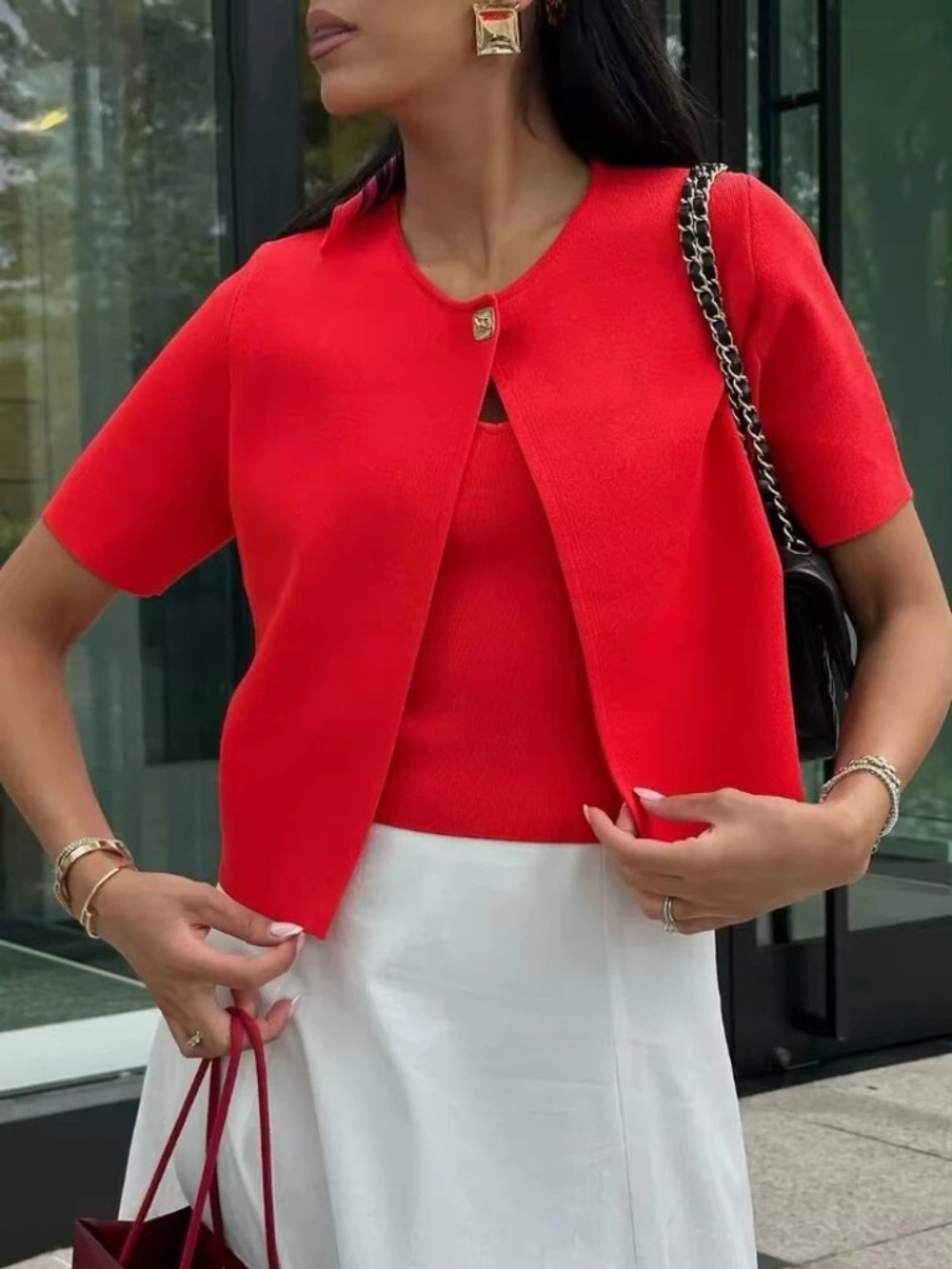ZARA Red Short Sleeve One Button Cropped Cardigan